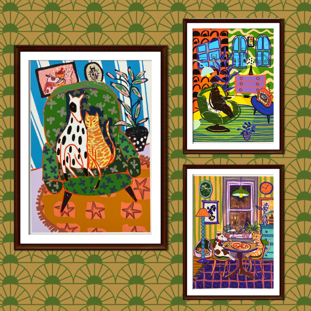 Dog and Cat Besties Armchair Print – Whimsical Animal Friendship Art