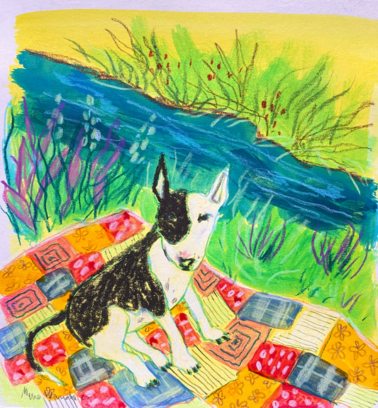 River Pup: Ink, pencil and pastel bull terrier original painting - framed