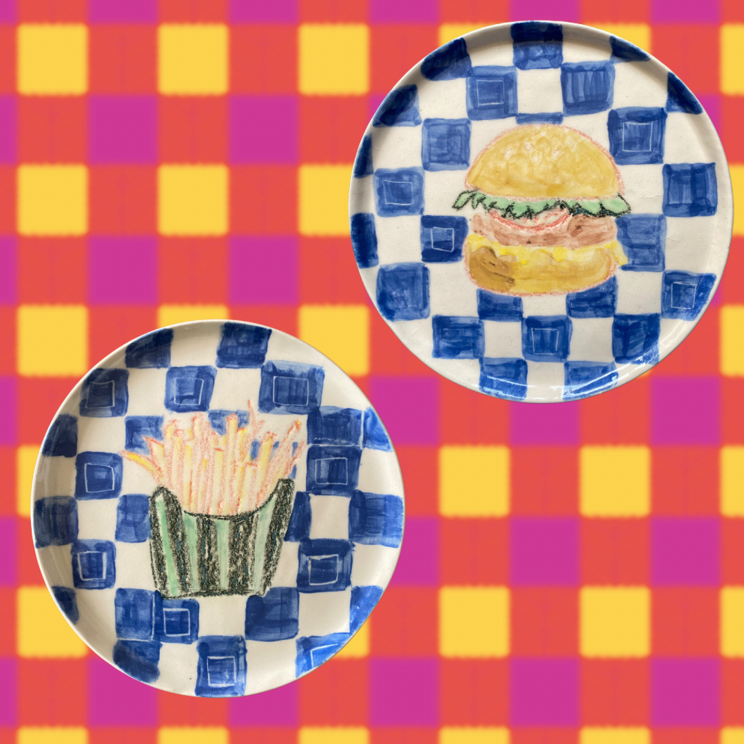 Handmade Ceramic Plate with French Fries and Checks Design