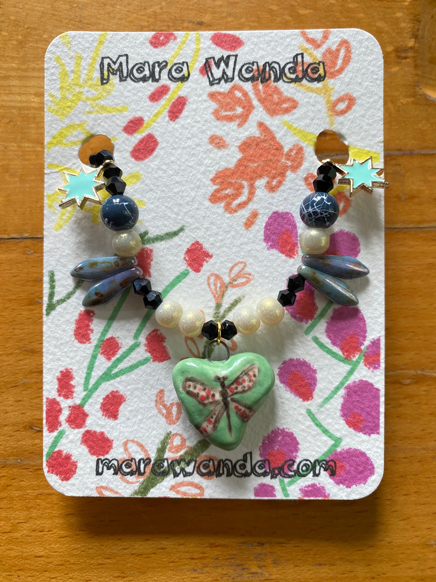 Butterfly heart ceramic charm necklace with glass beads