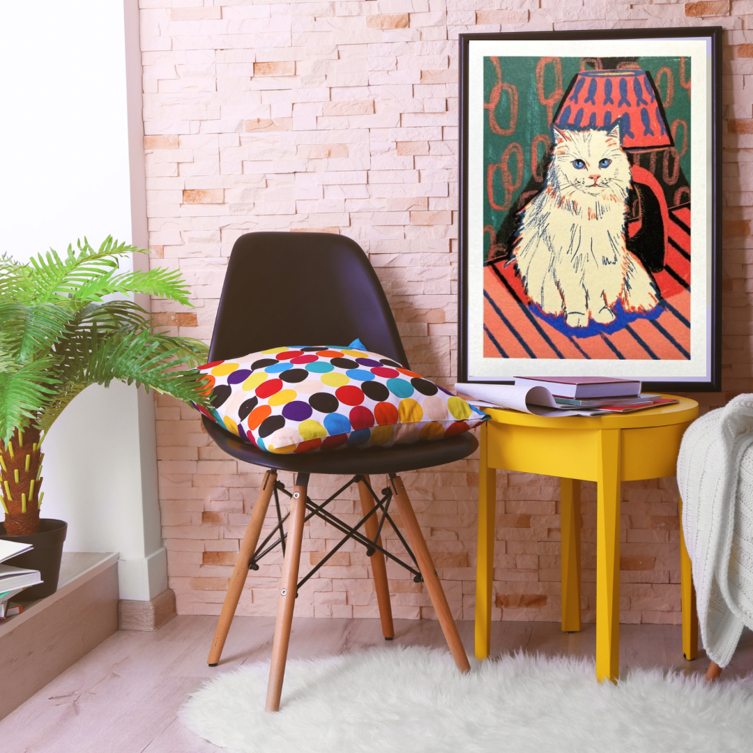 White cat with lamp art print