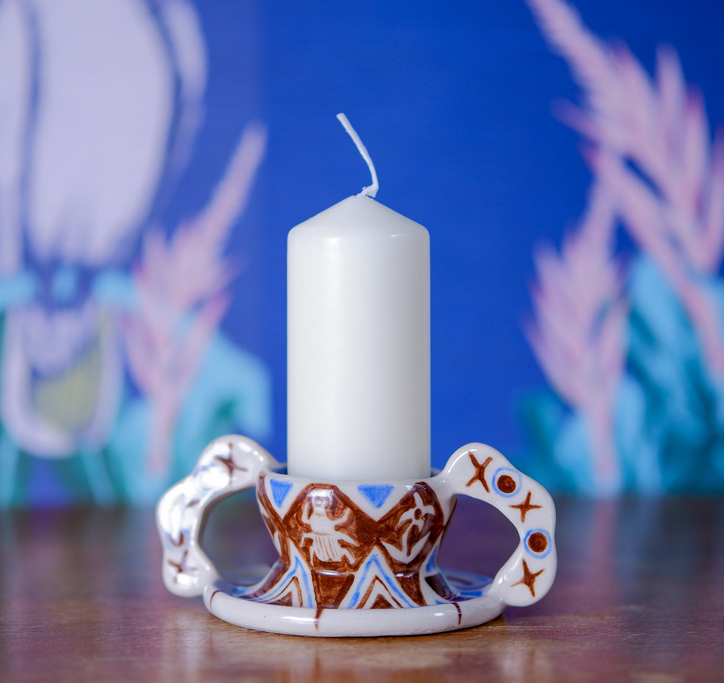 Delicate Ceramic Candle Holder with botanical geometric Motif