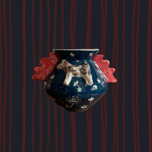 Whimsical Dog and Dandelions Stoneware Vase