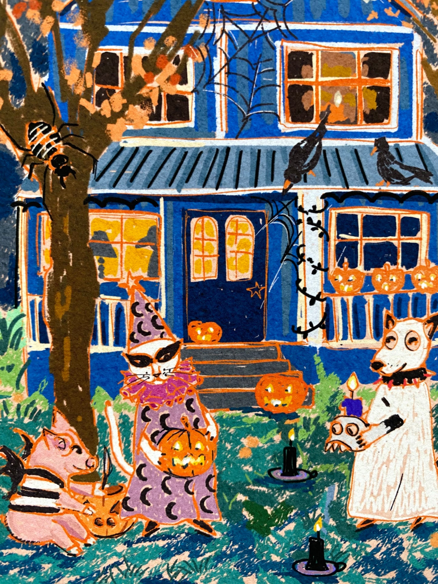 Halloween Party Art Print: Whimsical Ghost Dog, Wizard Cat & Spooky Animals