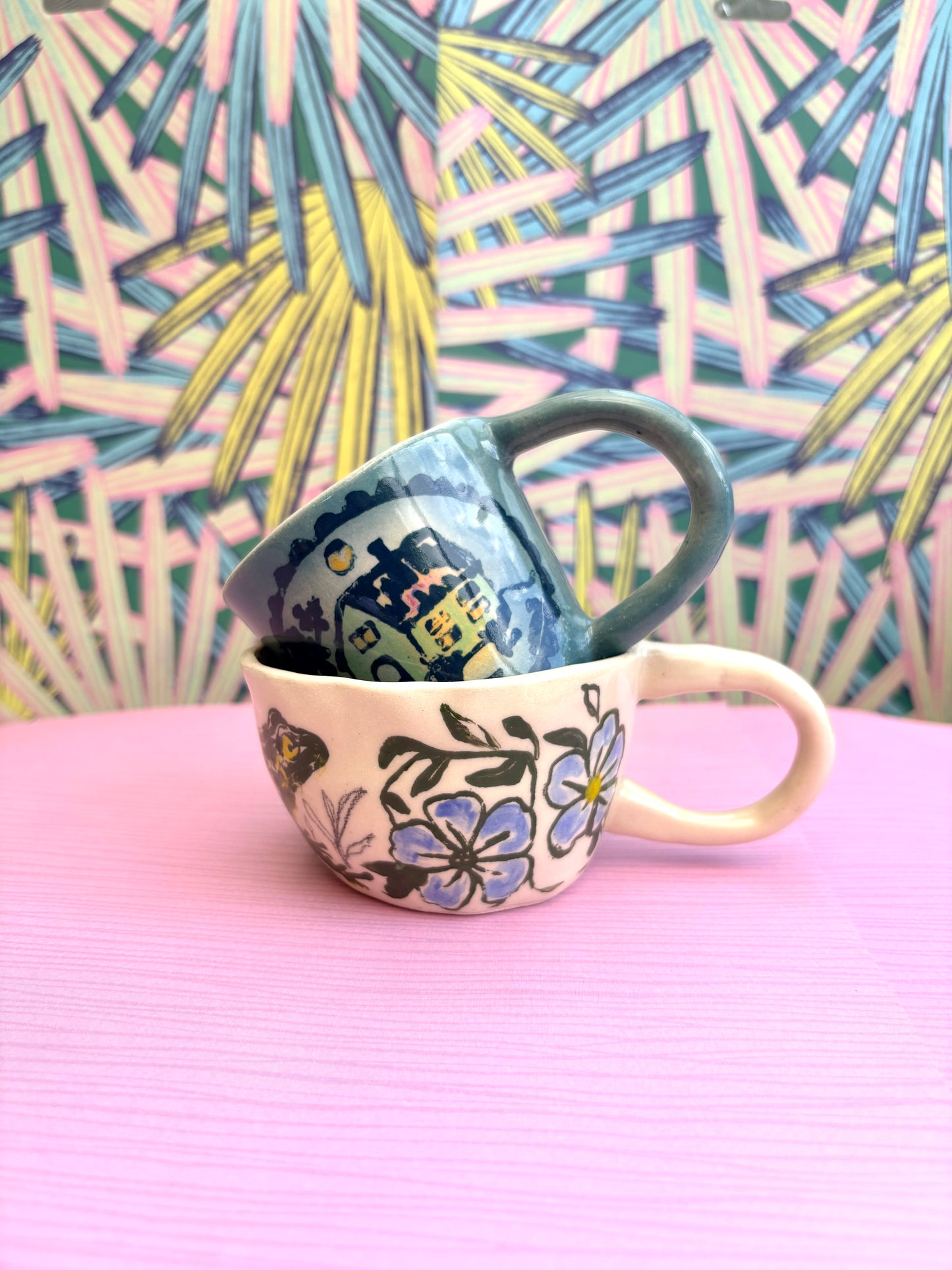 Handmade Stoneware Espresso or cappuccino sheep and frog mugs