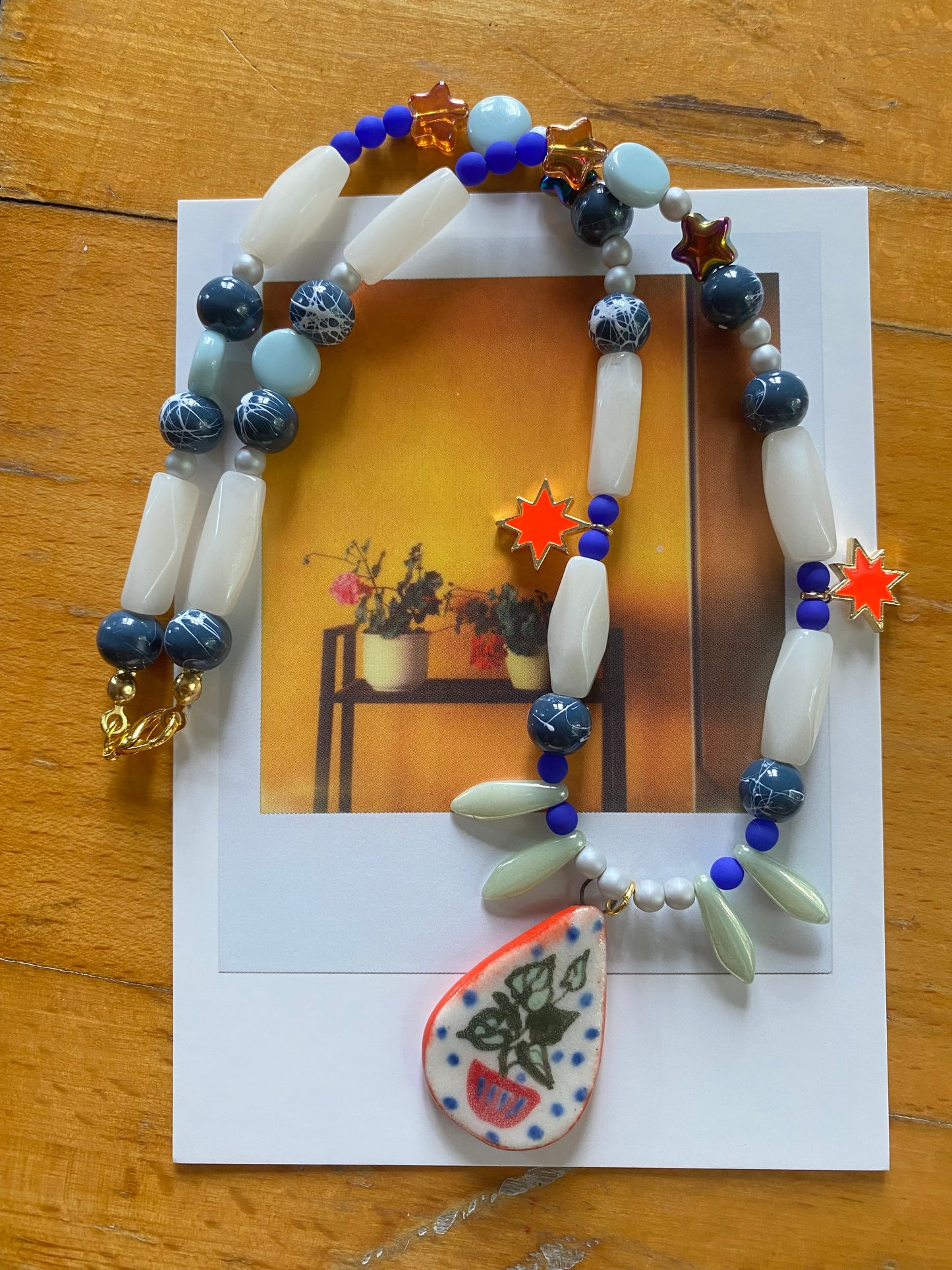 Handmade Plant Lover Necklace with Ceramic Charm and Glass Beads - Botanical Jewelry