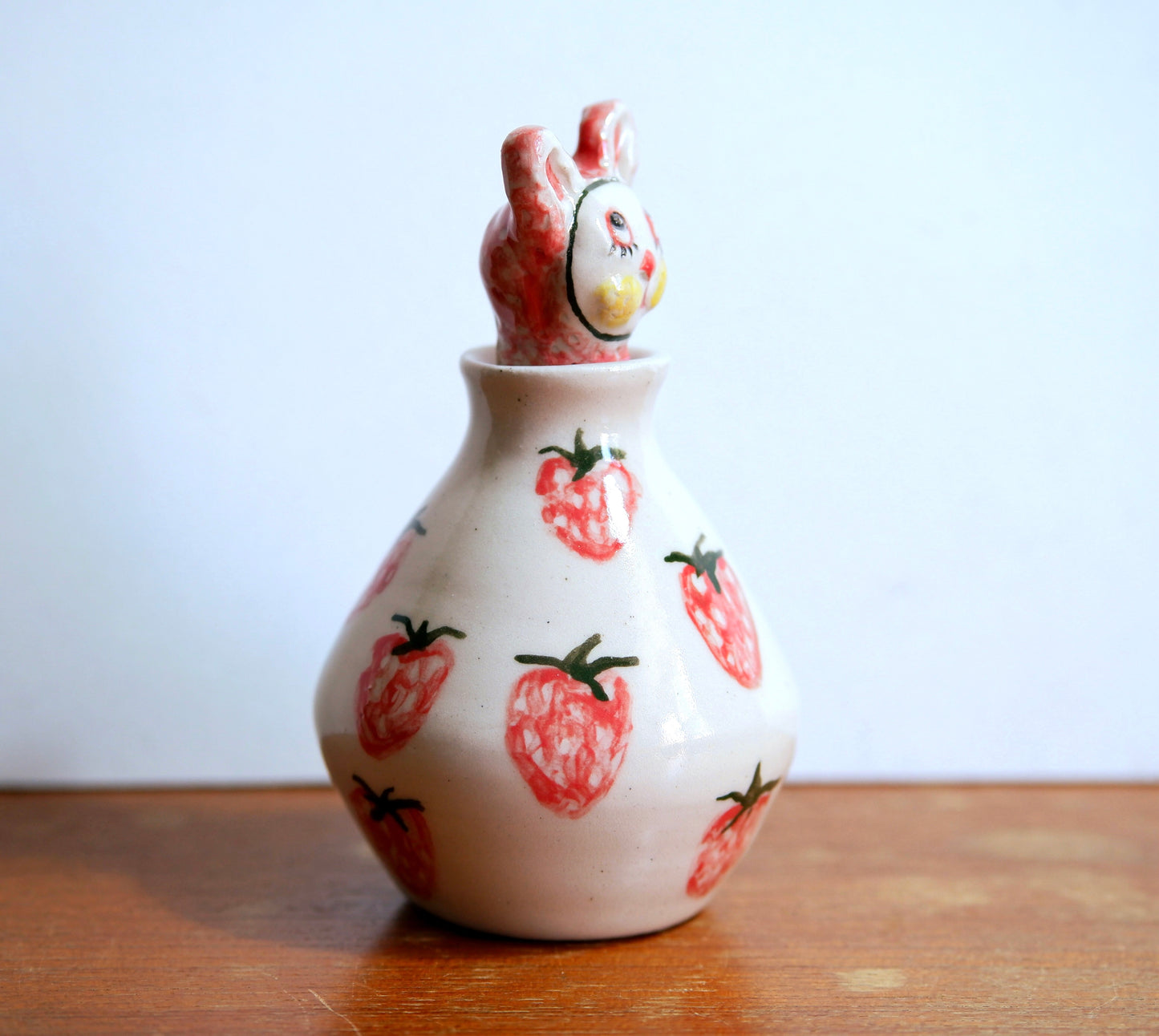 Adorable Handmade Ceramic BunnyPeek-a-boo in Strawberry Vase