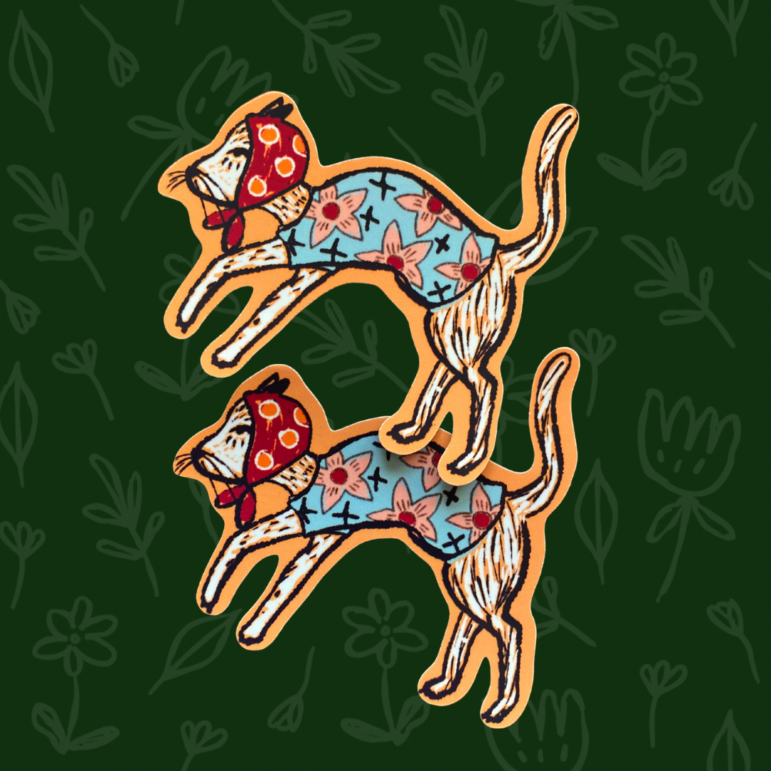 Whimsical Stickers: Girl with Black Cat, White Cat in Bonnet & Jumper and Red Apple Design