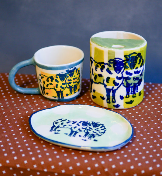 Handmade ceramic Espresso and cappuccino travel mugs and dish with sheep motif