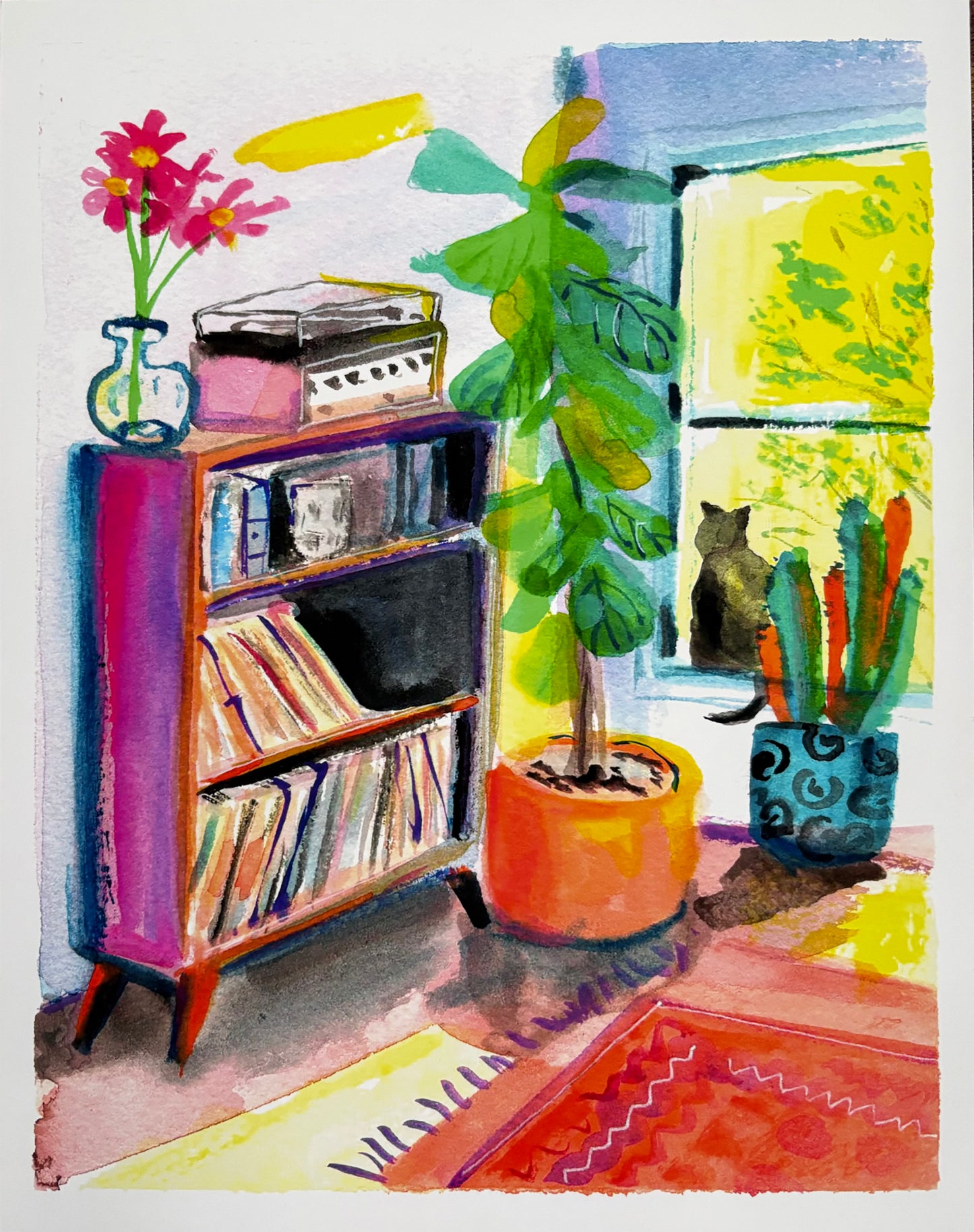 Cozy Morning Vibes: Cat Watercolor Art Print - Sunlit Day at home