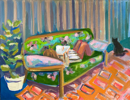 "A retro green sofa" acrylic and oil on stretched canvas