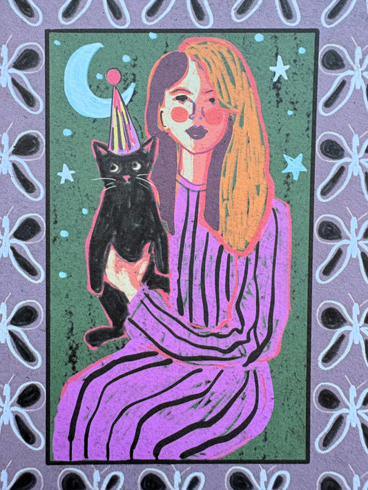 Night Hugs Cat Birthday-Christmas Folk Card