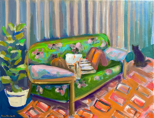 "A retro green sofa" acrylic and oil on stretched canvas