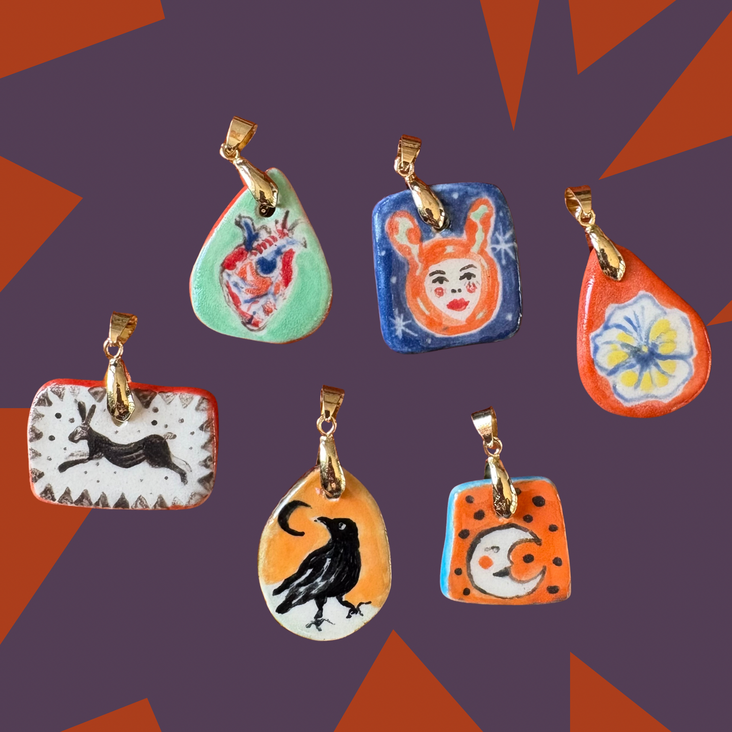 Unique Ceramic Whimsy Charms - Crow, Moon, Astronaut, Bunny, Flower and Heart