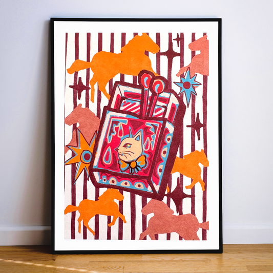 Whimsical Cat & Horses Matchbox art print