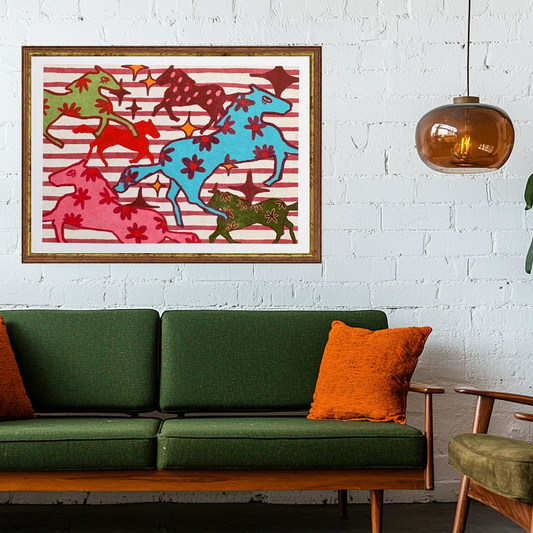 Western Rodeo Wall Art - Colorful Running Horses Print