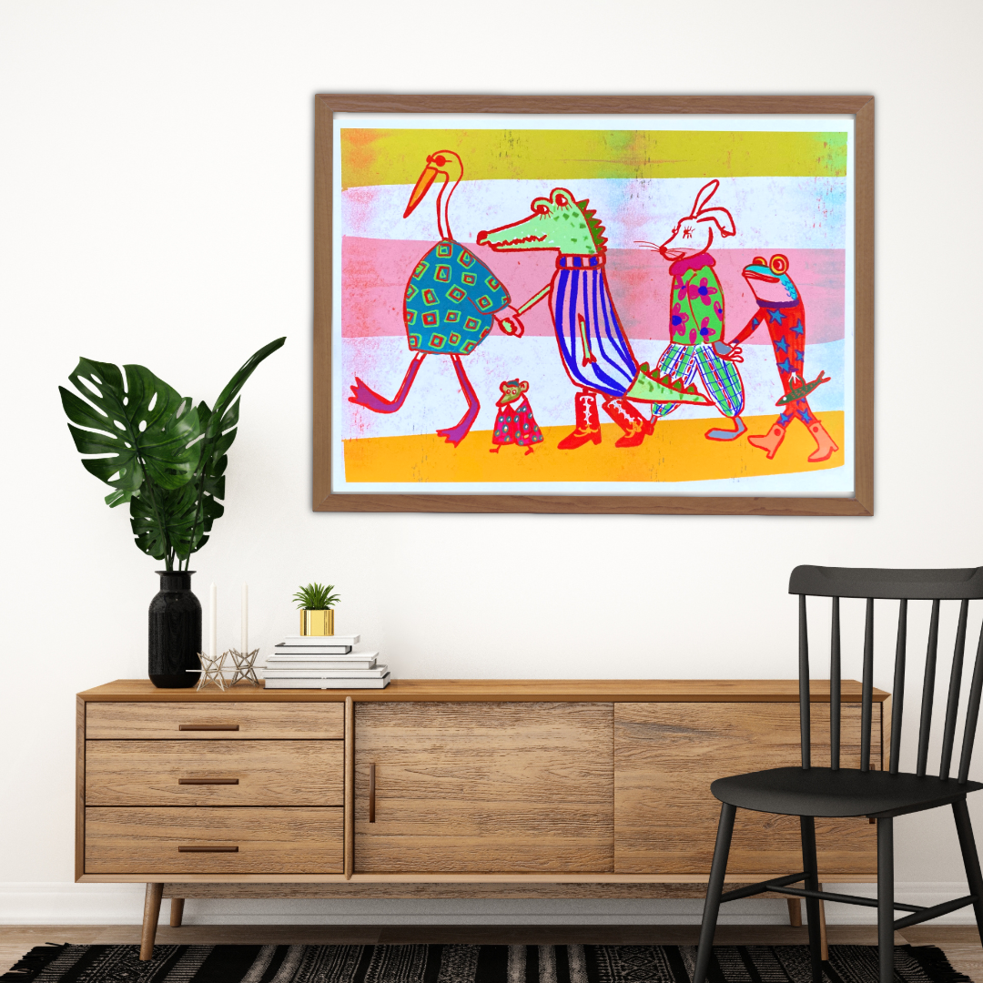Friendship Animal Art Print - "Besties Walk" featuring sardine, crocodile, bunny, mouse and heron