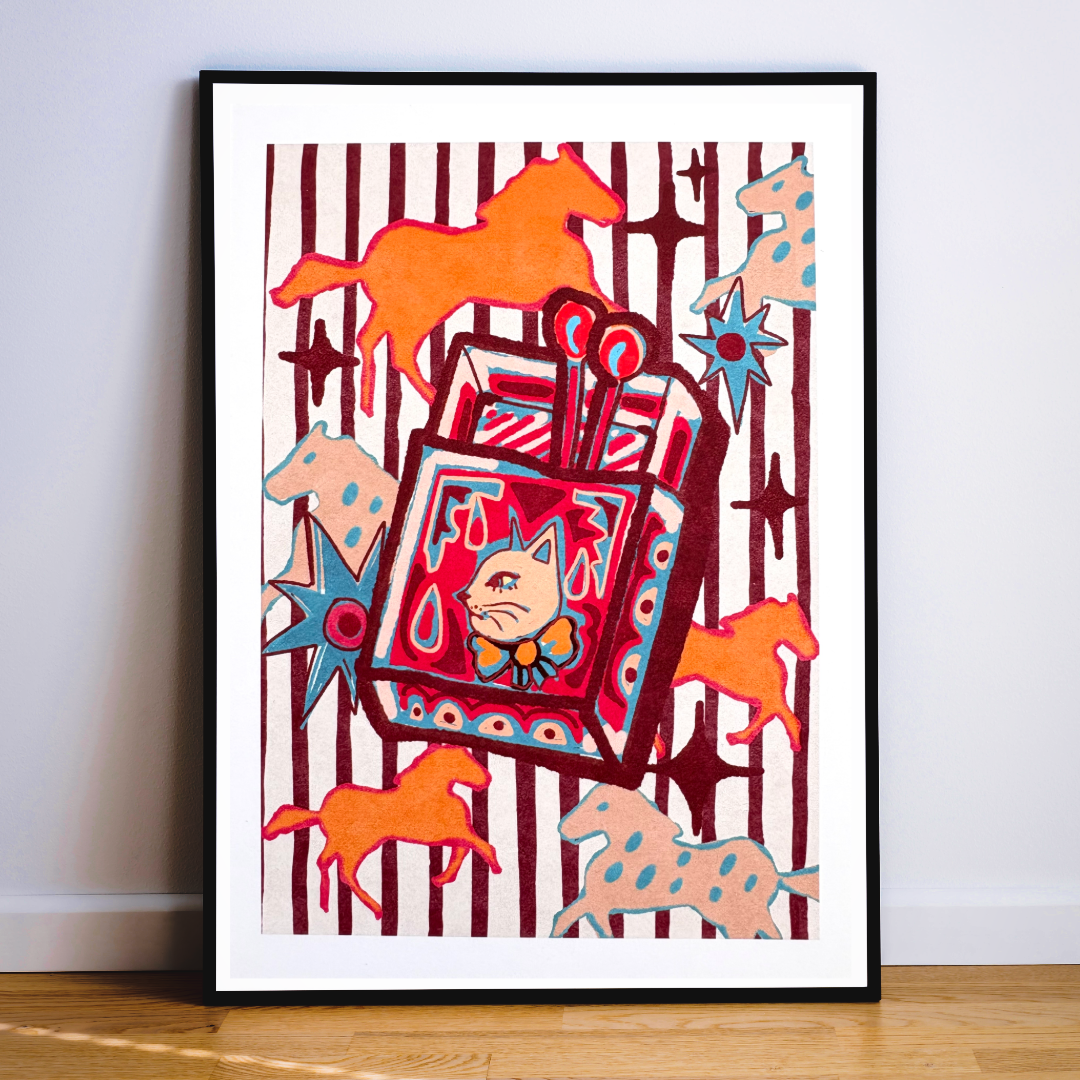 Whimsical Cat & Horses Matchbox art print