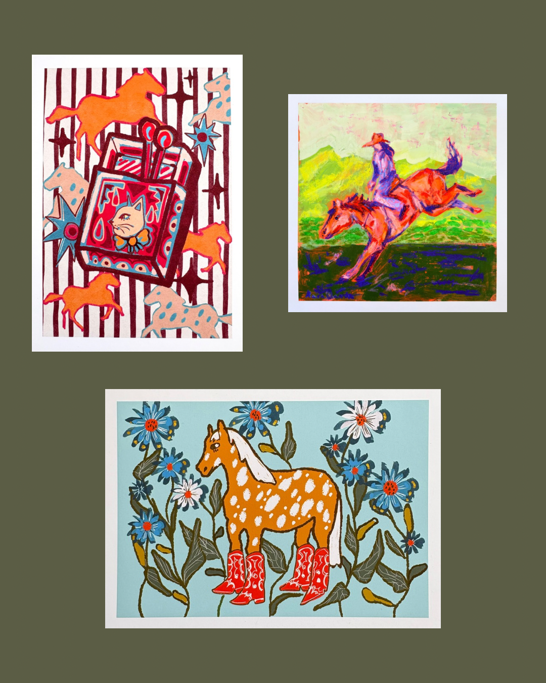 Whimsical Cat & Horses Matchbox art print
