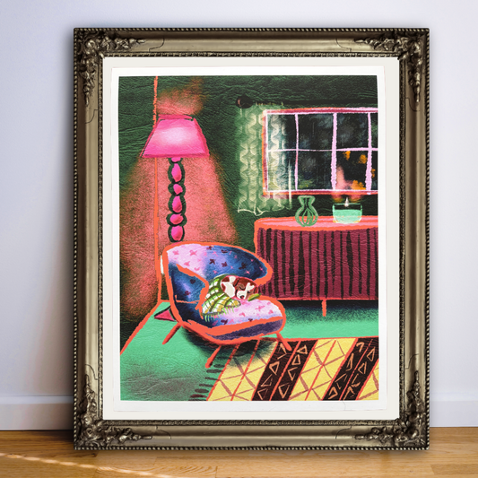 "Night time" art print, a cute sleepy dog print