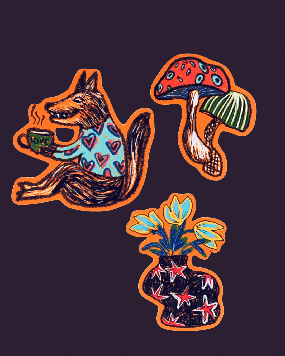 Whimsical Stickers: wolf with love mug, vase with tulips and mushrooms Design