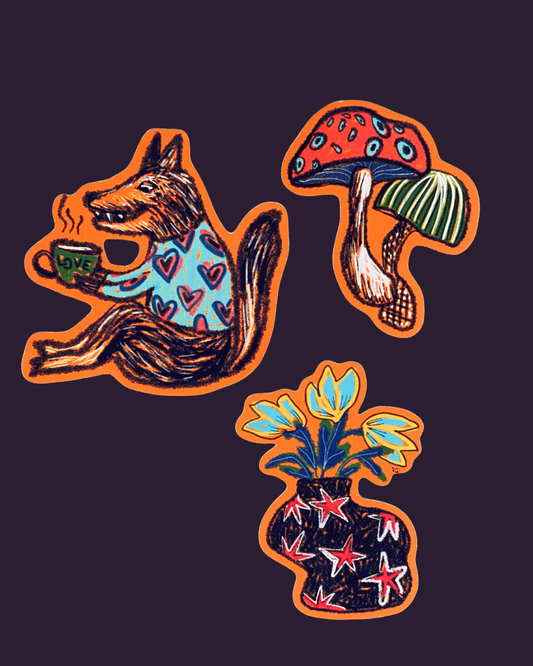 Whimsical Stickers: wolf with love mug, vase with tulips and mushrooms Design