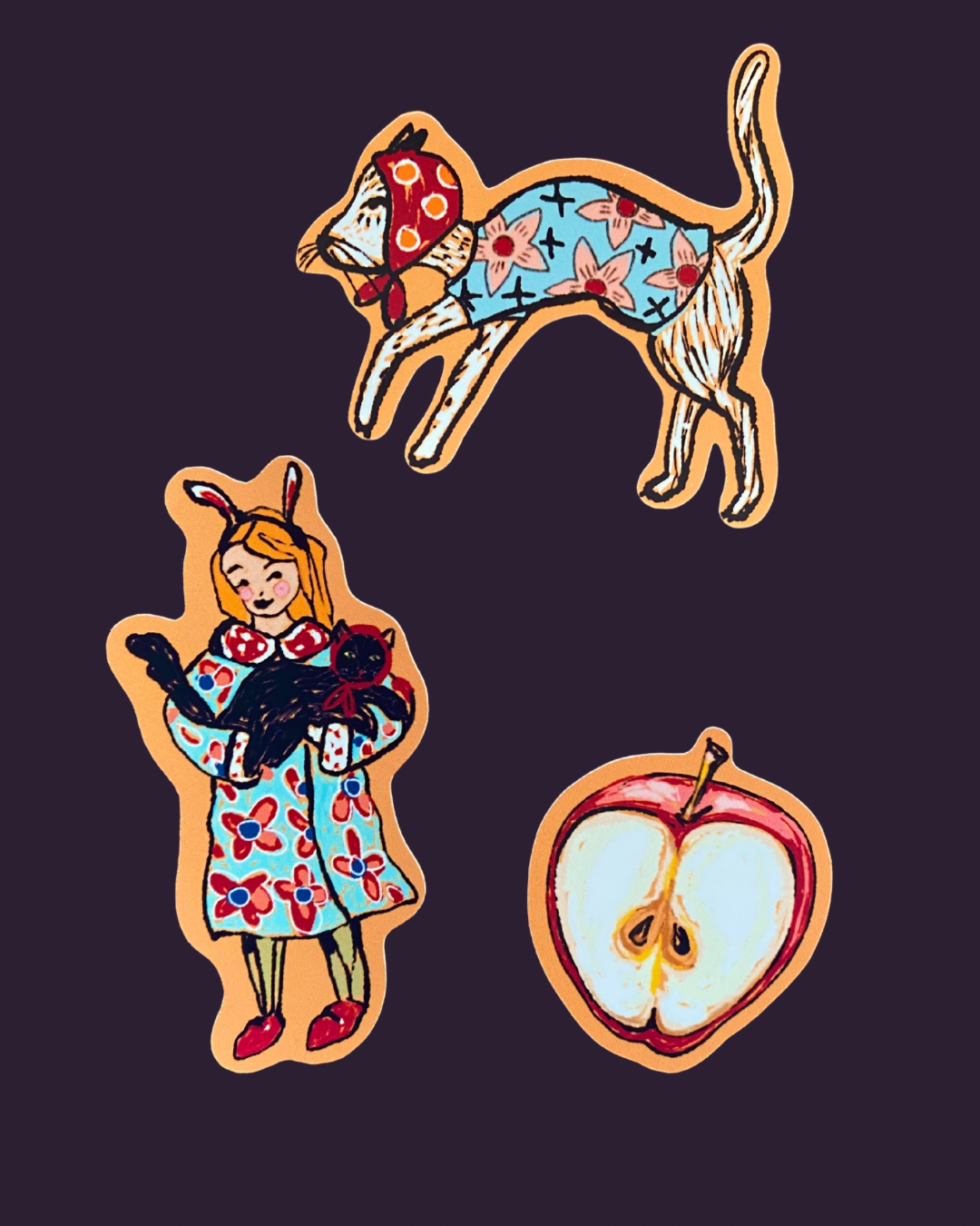 Whimsical Stickers: Girl with Black Cat, White Cat in Bonnet & Jumper and Red Apple Design