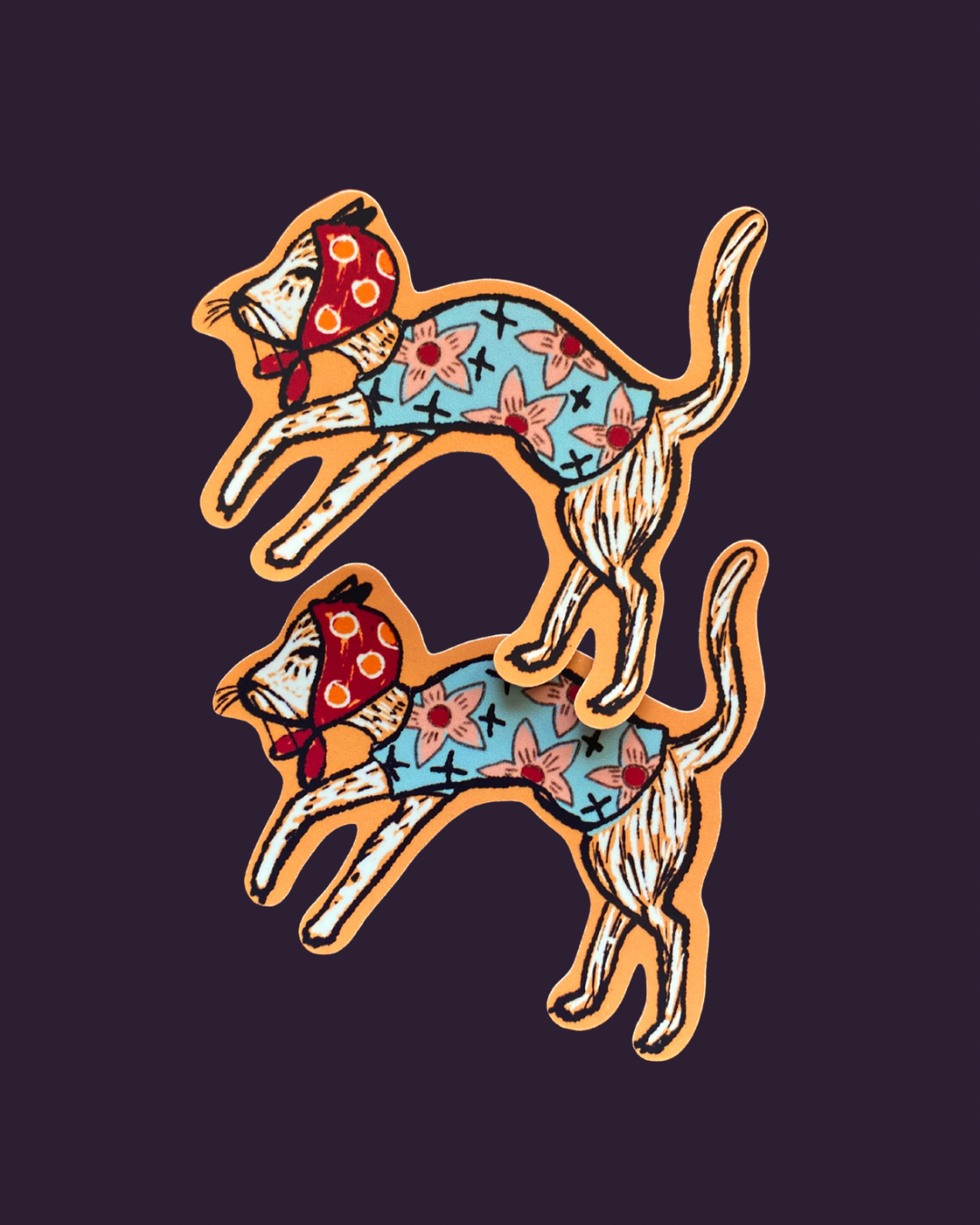 Whimsical Stickers: Girl with Black Cat, White Cat in Bonnet & Jumper and Red Apple Design