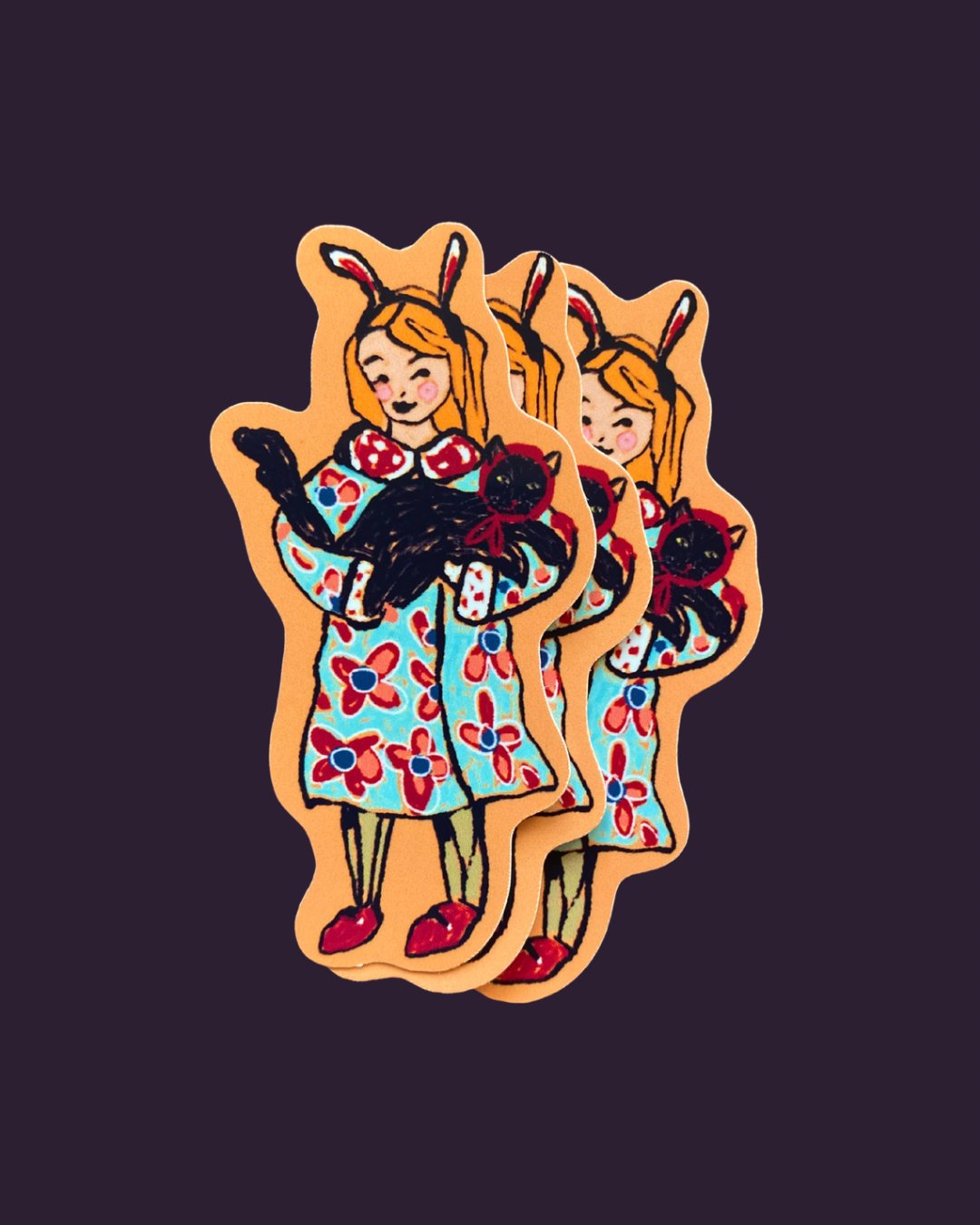 Whimsical Stickers: Girl with Black Cat, White Cat in Bonnet & Jumper and Red Apple Design
