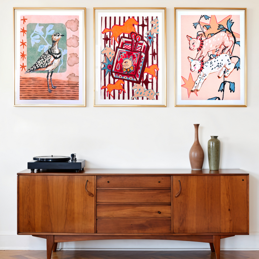 Whimsical Cat & Horses Matchbox art print