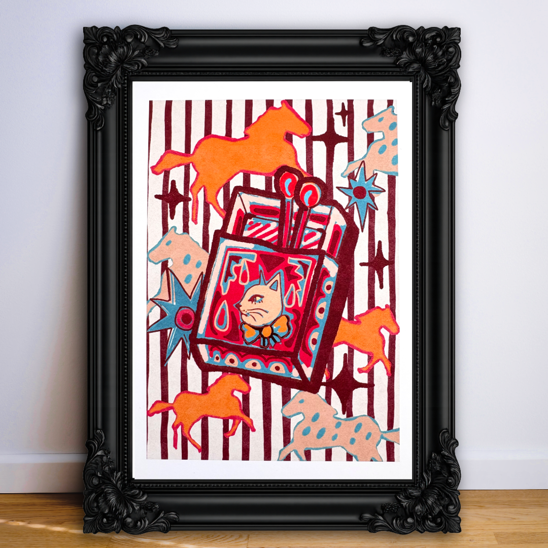 Whimsical Cat & Horses Matchbox art print