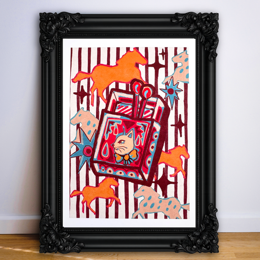Whimsical Cat & Horses Matchbox art print