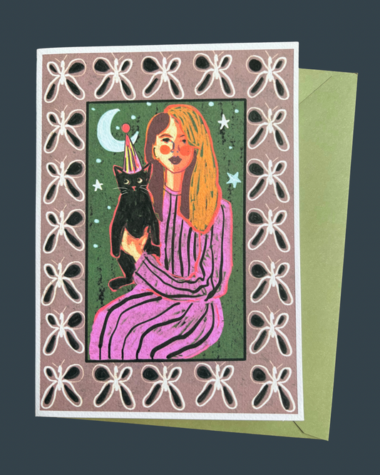 Night Hugs Cat Birthday-Christmas Folk Card