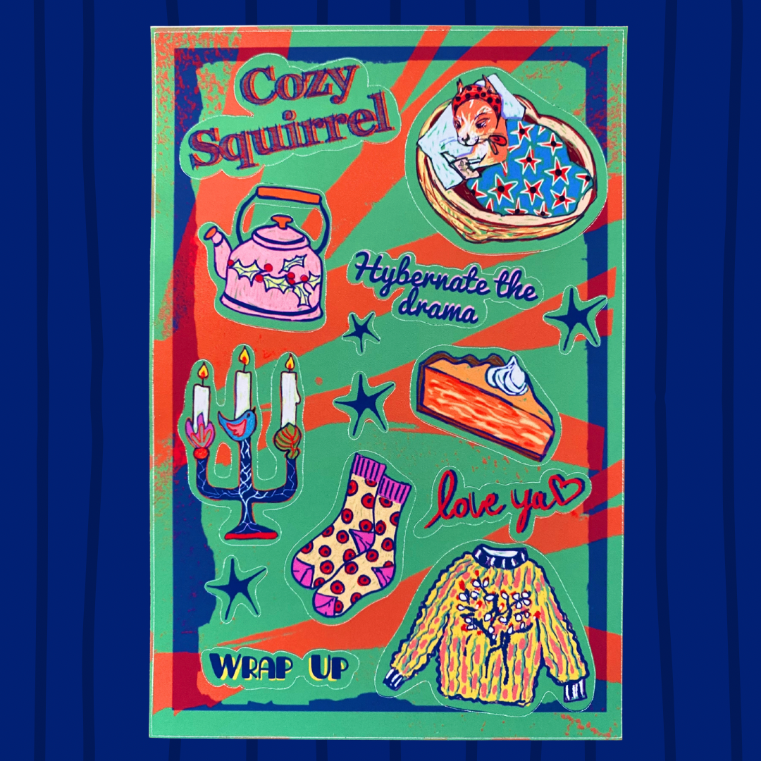 Cozy Squirrel Sticker Sheet | Adorable Winter Squirrel Designs