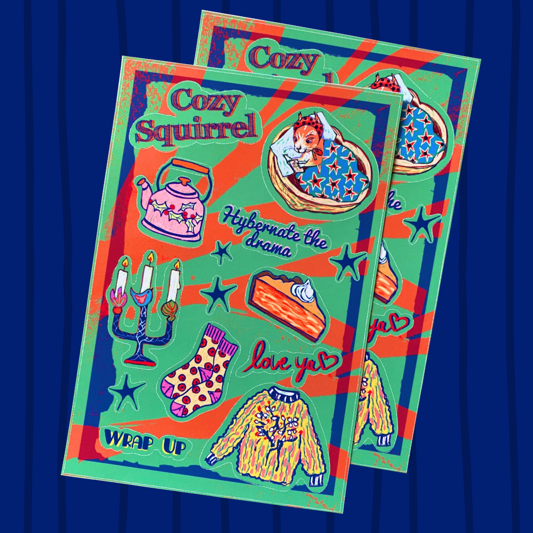 Cozy Squirrel Sticker Sheet | Adorable Winter Squirrel Designs