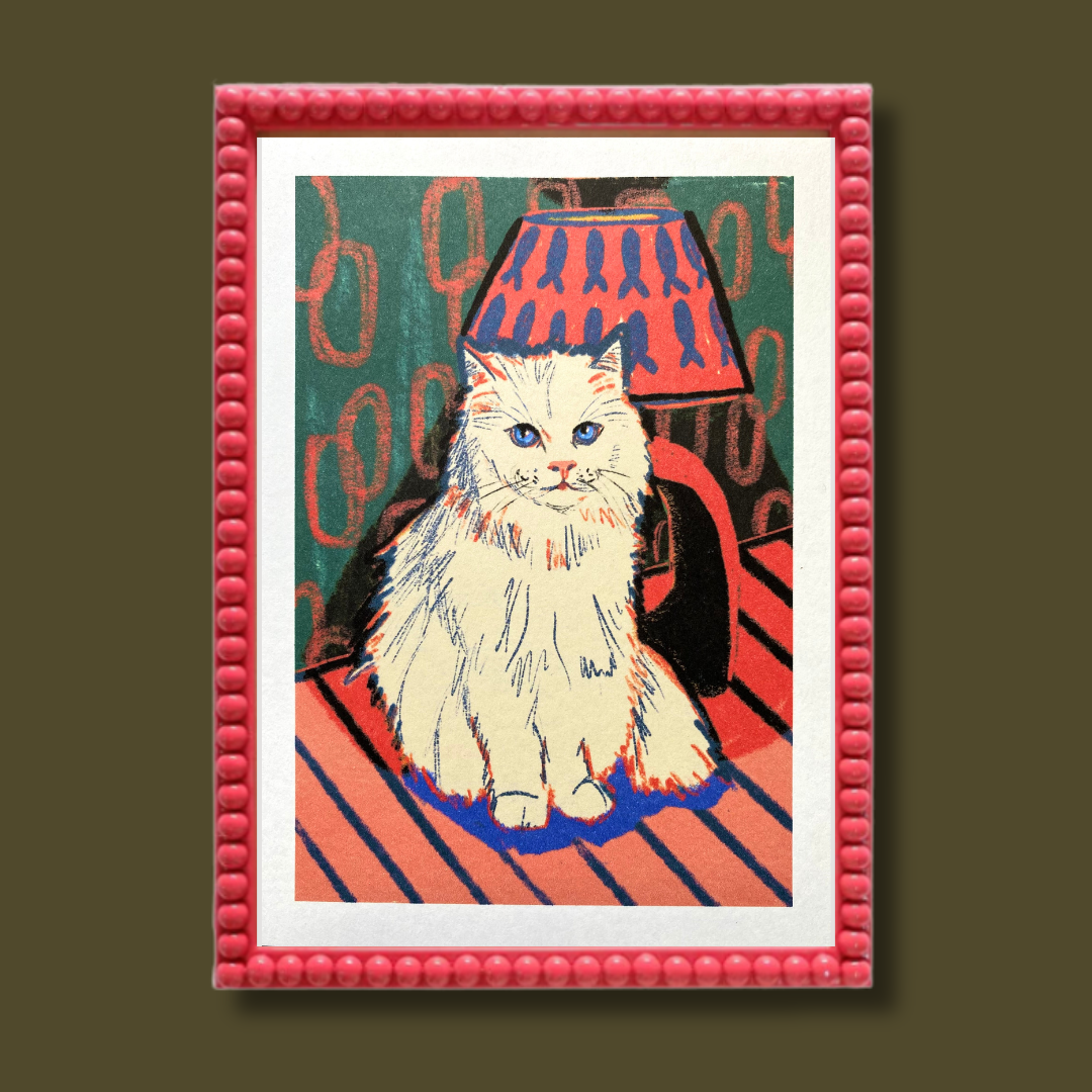 White cat with lamp art print