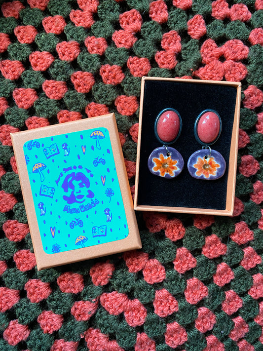 Ceramic orange and purple flower earrings