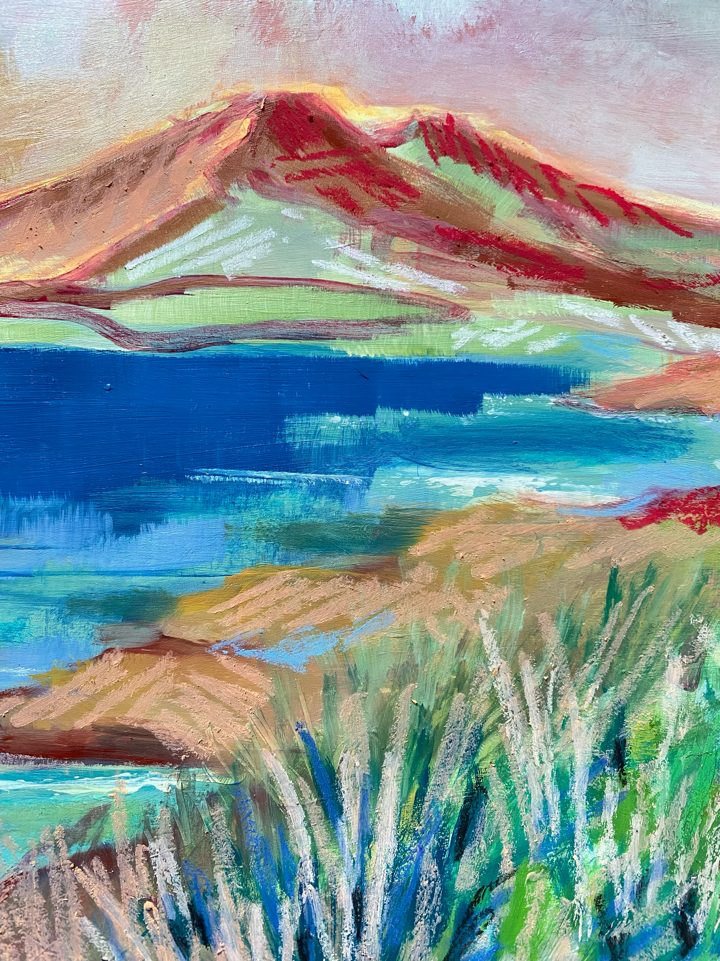 "Sunset mountains" oil paint and oil sticks on paper