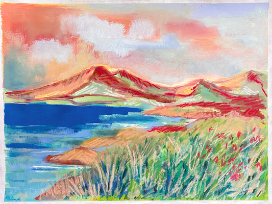 "Sunset mountains" oil paint and oil sticks on paper