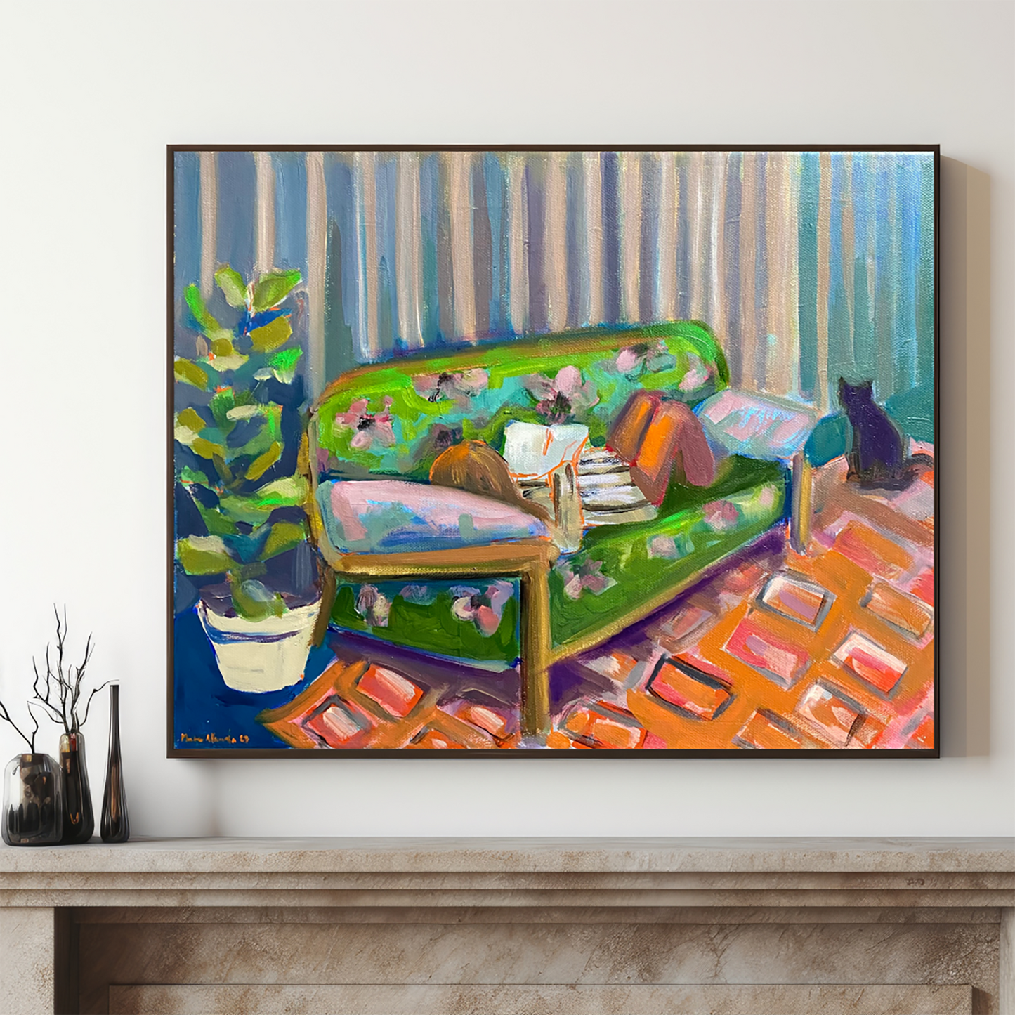 "A retro green sofa" acrylic and oil on stretched canvas