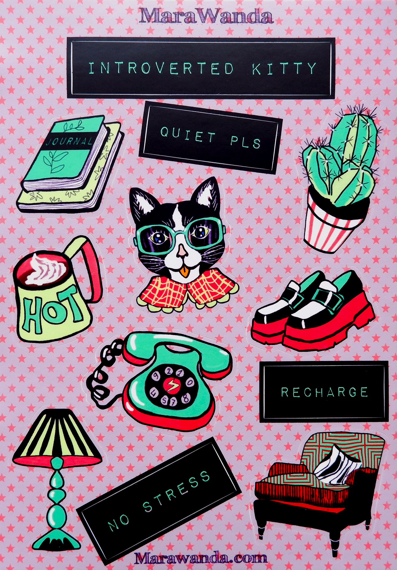 Vinyl cat stickers, A5 "Introverted kitty" sticker sheet