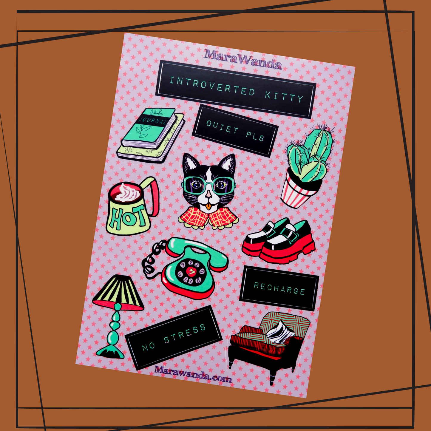 Vinyl cat stickers, A5 "Introverted kitty" sticker sheet